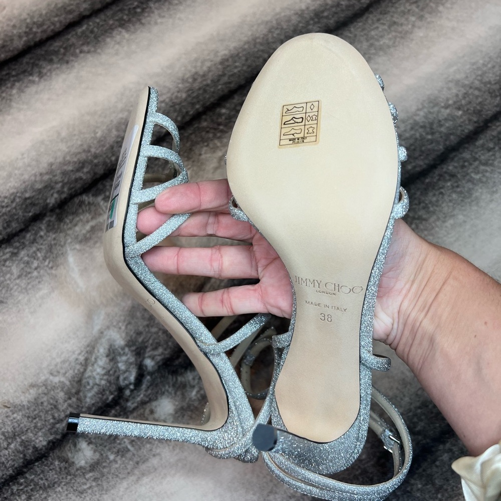 Jimmy Choo Mimi 100 mm Silver Fine Glitter Fabric Sandals Heels - Picture 7 of 8